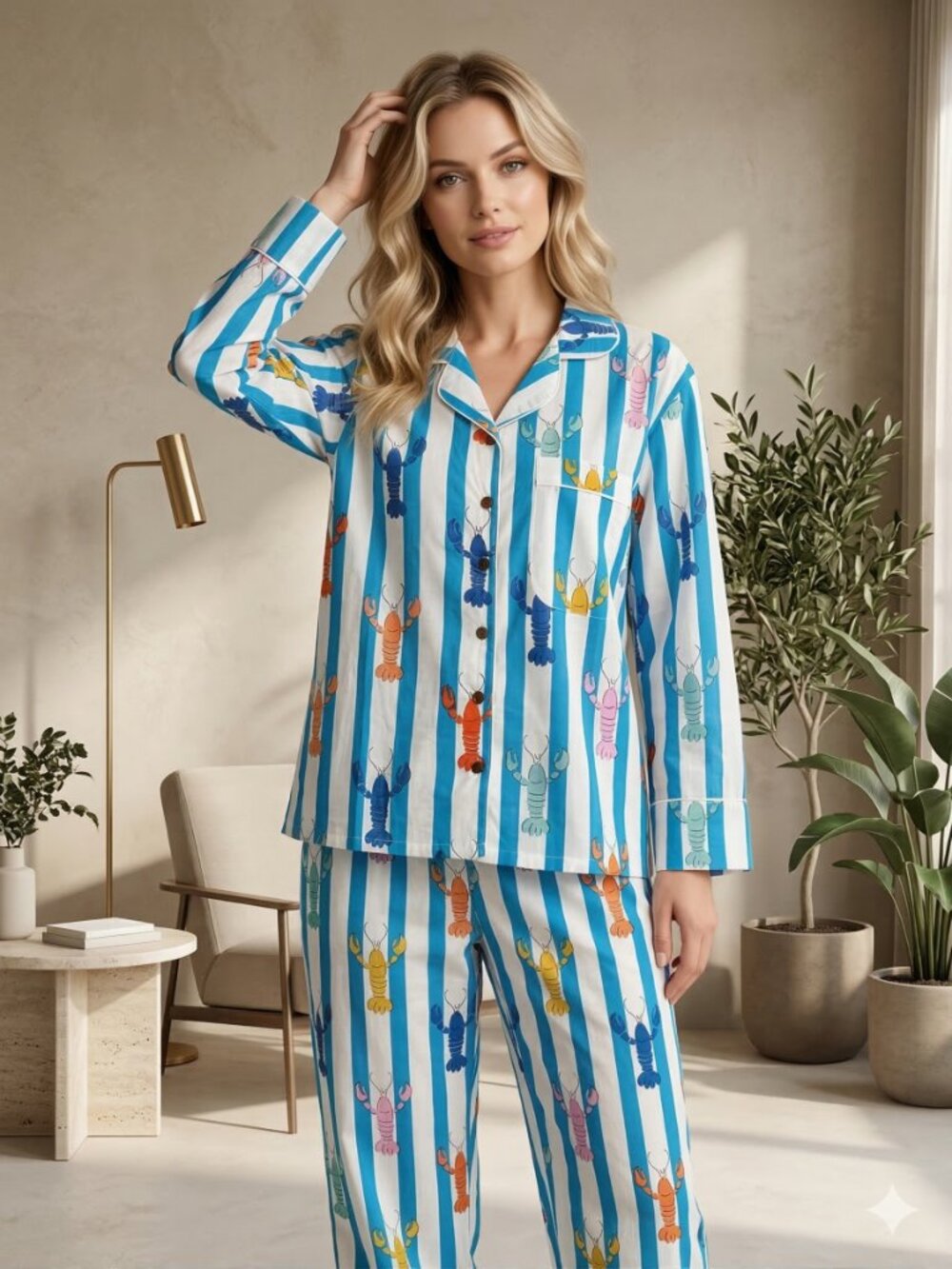 Lobster Block Printed Cotton Pajama set for Women, Breathable Summer Nightwear